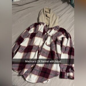 Maurices Burgundy and Cream Plaid Button Down Shirt with Hood